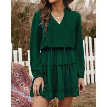 BTFBM Women Casual Summer Fall Dresses Tie V Neck Long Sleeve High Waist Ruffle Tiered A Line Swing Tunic Mini Dress(Long Sleeve Dark Green, Large)