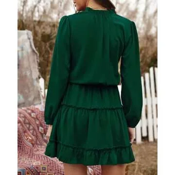 BTFBM Women Casual Summer Fall Dresses Tie V Neck Long Sleeve High Waist Ruffle Tiered A Line Swing Tunic Mini Dress(Long Sleeve Dark Green, Large)