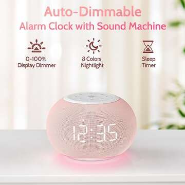 Reacher Auto Dimmable Sound Machine Alarm Clock with Night Lights, 20 Soothing Sounds, Sleep Timer, ...