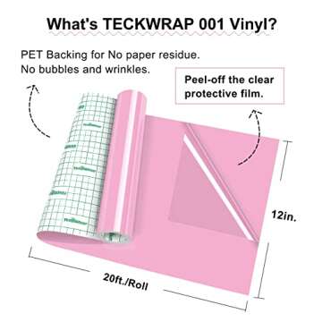 TECKWRAP 001 Vinyl Glossy Permanent Vinyl Adhesive Vinyl Roll for Cutters, Signs, Scrapbooking, Craft, Die Cutters 12" x 20ft, Glossy Sweet Pink