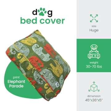 Molly Mutt Huge Dog Bed Cover - Elephant Parade Print - Measures 36”x45”x5’’ - 100% Cotton -...