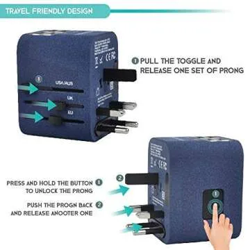 Power Plug Adapter (SandBlue)- International Travel - w/4 USB Ports for 150+ Countries - 220 Volt Adapter - Travel Adapter Type C Type A Type G I f UK EU Europe European