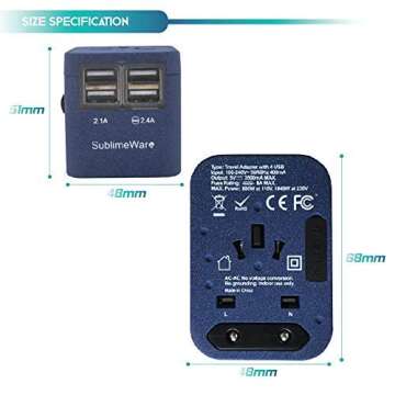 Power Plug Adapter (SandBlue)- International Travel - w/4 USB Ports for 150+ Countries - 220 Volt Adapter - Travel Adapter Type C Type A Type G I f UK EU Europe European