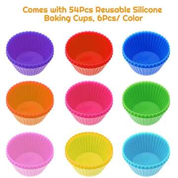 54 Pack Silicone Muffin Cups - Selizo Reusable Cupcake Baking Liners, Colorful & Fun!