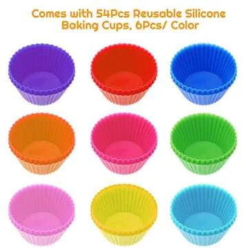 54 Pack Silicone Muffin Cups - Selizo Reusable Cupcake Baking Liners, Colorful & Fun!