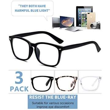 KUGUAOK 3-PACK Square Blue Light Blocking Glasses For Women Anti Eye Strain Computer Reading Glasses...