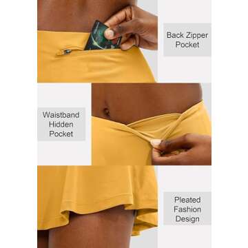 SANTINY Pleated Tennis Skirt for Women with 4 Pockets Women's High Waisted Athletic Golf Skorts Skirts for Running Casual (Yellow_XS)
