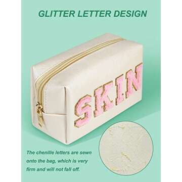 besharppin Preppy Makeup Bag, Synthetic Leather Patch Cosmetic Bag with SKIN Chenille Letter for Travel, Gift for Girlfriend or Wife, Present for Girls, Daughter, Sister and Mother