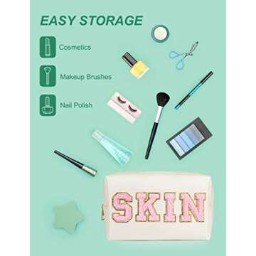 besharppin Preppy Makeup Bag, Synthetic Leather Patch Cosmetic Bag with SKIN Chenille Letter for Travel, Gift for Girlfriend or Wife, Present for Girls, Daughter, Sister and Mother