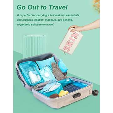 besharppin Preppy Makeup Bag, Synthetic Leather Patch Cosmetic Bag with SKIN Chenille Letter for Travel, Gift for Girlfriend or Wife, Present for Girls, Daughter, Sister and Mother