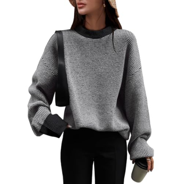 ANRABESS Women's 2024 Fall Crewneck Long Sleeve Waffle Knit Casual Pullover Sweater in Grey