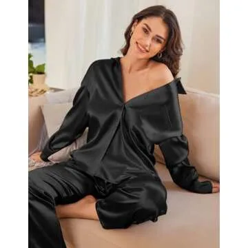 Ekouaer Womens 2 Piece Silk Satin Pajama Set Long Sleeve Lounge Sets Button Down Shirts and Pants PJs Soft Sleepwear Sets Black L