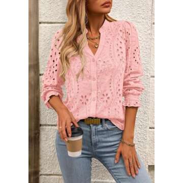 NALANISA Women's Fashion Long Sleeve Button Down Blouse Dressy Casual V Neck Eyelet Embroidery Hollo...