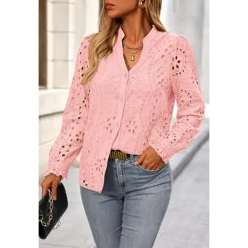 NALANISA Women's Fashion Long Sleeve Button Down Blouse Dressy Casual V Neck Eyelet Embroidery Hollow Out Tops Work Shirts(Pink,XL)
