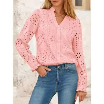 NALANISA Women's Fashion Long Sleeve Button Down Blouse Dressy Casual V Neck Eyelet Embroidery Hollow Out Tops Work Shirts(Pink,XL)