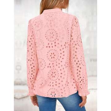 NALANISA Women's Fashion Long Sleeve Button Down Blouse Dressy Casual V Neck Eyelet Embroidery Hollow Out Tops Work Shirts(Pink,XL)