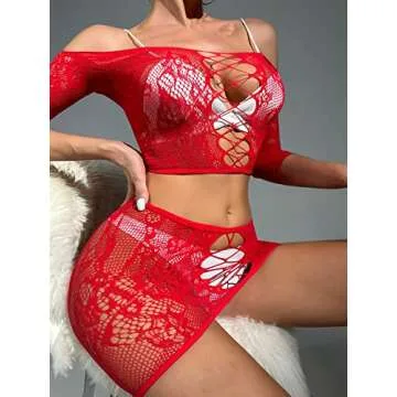 WDIRARA Women's 3 Pieces Mesh Cut Out Bralette and Skirt Sheer Lingerie Set with Stockings Solid Red one-Size