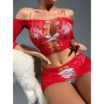 WDIRARA Women's 3 Pieces Mesh Cut Out Bralette and Skirt Sheer Lingerie Set with Stockings Solid Red one-Size