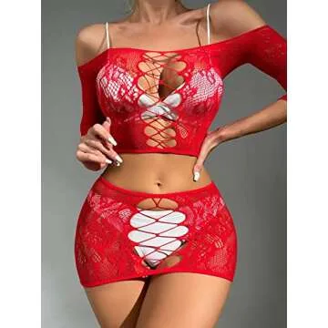 WDIRARA Women's 3 Pieces Mesh Cut Out Bralette and Skirt Sheer Lingerie Set with Stockings Solid Red one-Size