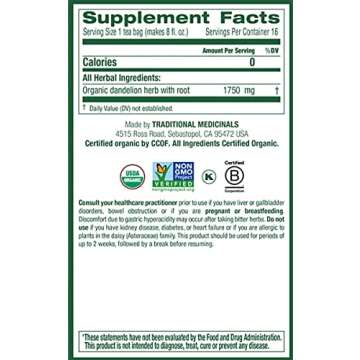 Traditional Medicinals Organic Dandelion Leaf & Root Herbal Tea, Supports Kidney Function & Healthy Digestion, (Pack of 3) - 48 Tea Bags Total