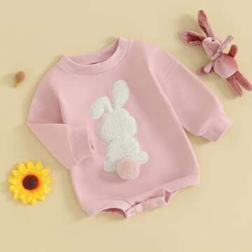 KOSUSANILL Newborn Baby Girl Easter Outfit Infant Boys Long Sleeve Bunny Romper Sweatshirt Bubble Bodysuit Sweater