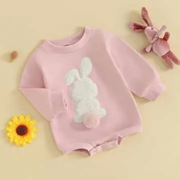 KOSUSANILL Newborn Baby Girl Easter Outfit Infant Boys Long Sleeve Bunny Romper Sweatshirt Bubble Bodysuit Sweater
