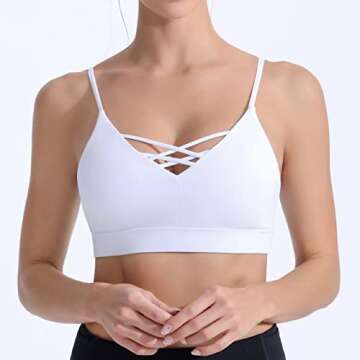 FITTIN Padded Strappy Sports Bra for Women - Sexy Longline Wirefree Sports Bras Workout Yoga Bra Athletic Gym Crop Tops White Medium