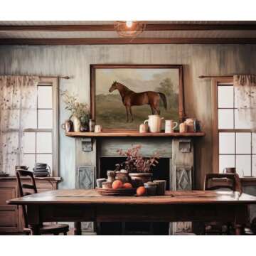 Rustic Farmhouse Wall Art Decor - Unframed Rolled Canvas 24x36 Large - Boho Landscape Pictures - French Country Kitchen Print Poster - Neutral Aesthetic Vintage - Horse Equine Pony Equestrian Painting