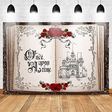 Mocsicka Once Upon a Time Backdrop Princess Castle Wedding Party Background Fairytale Book Red Roses Bridal Shower Party Cake Table Decoration Photo Booth Props (10x8ft)