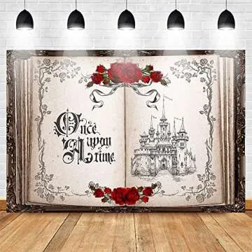 Mocsicka Once Upon a Time Backdrop Princess Castle Wedding Party Background Fairytale Book Red Roses Bridal Shower Party Cake Table Decoration Photo Booth Props (10x8ft)