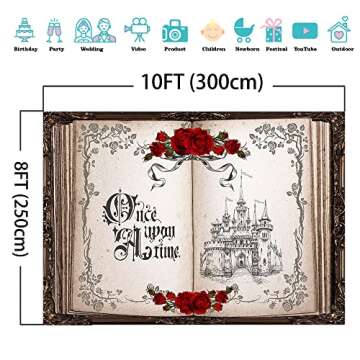 Mocsicka Once Upon a Time Backdrop Princess Castle Wedding Party Background Fairytale Book Red Roses Bridal Shower Party Cake Table Decoration Photo Booth Props (10x8ft)