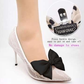 Tsangbaby 2 Pcs Black Satin Bow Shoe Clips Removable Shoe Clips Elegant Wedding Party Shoe Buckle Ba...