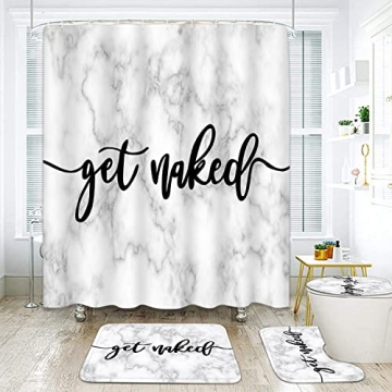ArtSocket Get Naked Bathroom Set with Shower Curtain and Rugs Accessories,Marble Gold White Geometri...