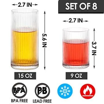 Ymyaye 8 Pack Drinking Glasses, 4pcs Highball Glasses(15oz) & 4pcs Rocks Glasses(9oz), Clear Vintage...