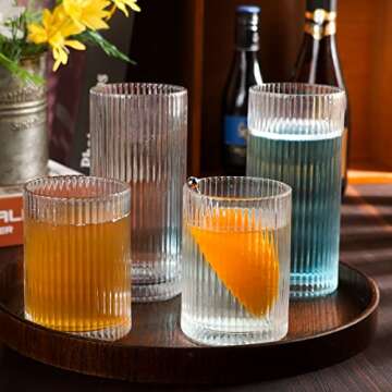 Ymyaye 8 Pack Drinking Glasses, 4pcs Highball Glasses(15oz) & 4pcs Rocks Glasses(9oz), Clear Vintage Ribbed Glassware Set of 8, Premium Origami Glass Tumbler for Cocktail, Juice (Style B: 15oz+9oz)
