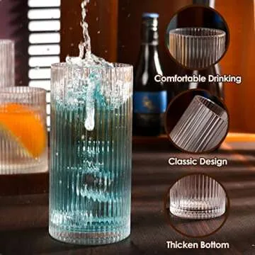 Ymyaye 8 Pack Drinking Glasses, 4pcs Highball Glasses(15oz) & 4pcs Rocks Glasses(9oz), Clear Vintage Ribbed Glassware Set of 8, Premium Origami Glass Tumbler for Cocktail, Juice (Style B: 15oz+9oz)