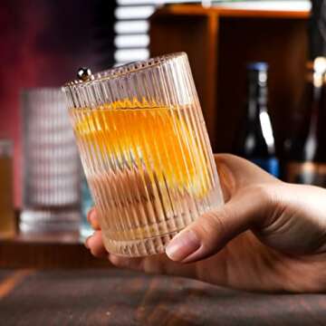 Ymyaye 8 Pack Drinking Glasses, 4pcs Highball Glasses(15oz) & 4pcs Rocks Glasses(9oz), Clear Vintage Ribbed Glassware Set of 8, Premium Origami Glass Tumbler for Cocktail, Juice (Style B: 15oz+9oz)