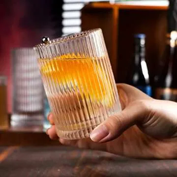 Ymyaye 8 Pack Drinking Glasses, 4pcs Highball Glasses(15oz) & 4pcs Rocks Glasses(9oz), Clear Vintage Ribbed Glassware Set of 8, Premium Origami Glass Tumbler for Cocktail, Juice (Style B: 15oz+9oz)