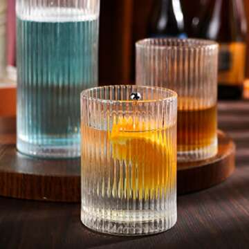 Ymyaye 8 Pack Drinking Glasses, 4pcs Highball Glasses(15oz) & 4pcs Rocks Glasses(9oz), Clear Vintage Ribbed Glassware Set of 8, Premium Origami Glass Tumbler for Cocktail, Juice (Style B: 15oz+9oz)