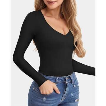 CLOZOZ Long Sleeve Shirts for Women Sexy V Neck Tops Fitted Tight T Shirts Basic Tee Black