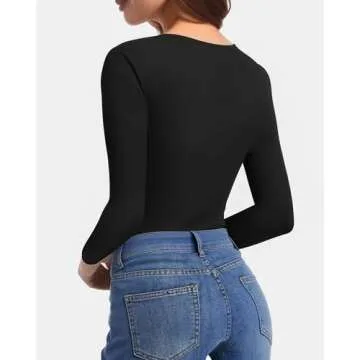 CLOZOZ Long Sleeve Shirts for Women Sexy V Neck Tops Fitted Tight T Shirts Basic Tee Black
