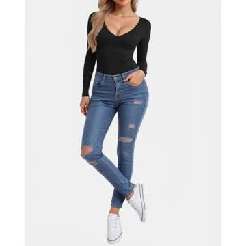 CLOZOZ Long Sleeve Shirts for Women Sexy V Neck Tops Fitted Tight T Shirts Basic Tee Black