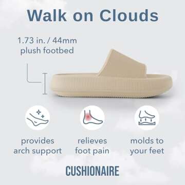 CUSHIONAIRE Feather Slides – Comfortable Cloud Cushion House Slippers for Women, Indoor Outdoor EVA Foam Foot Spa Shower Shoes, Non-Slip Arch Support, KHAKI 10