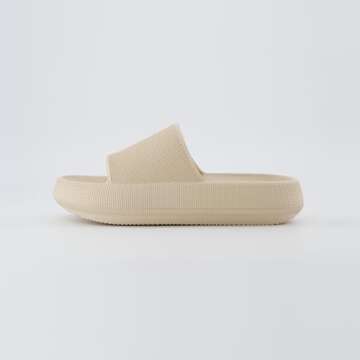 CUSHIONAIRE Feather Slides – Comfortable Cloud Cushion House Slippers for Women, Indoor Outdoor EVA Foam Foot Spa Shower Shoes, Non-Slip Arch Support, KHAKI 10