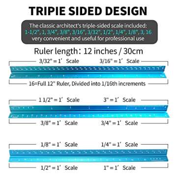 Rena Chris Architectural Scale Ruler, 12" Aluminum Architect Scale, Triangular Scale, Scale Ruler for Blueprint, Triangle Ruler, Drafting Ruler, Architect Ruler, Metal Scale Ruler, Architecture Ruler