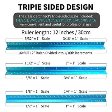 Rena Chris Architectural Scale Ruler, 12" Aluminum Architect Scale, Triangular Scale, Scale Ruler for Blueprint, Triangle Ruler, Drafting Ruler, Architect Ruler, Metal Scale Ruler, Architecture Ruler