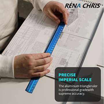 Rena Chris Architectural Scale Ruler, 12" Aluminum Architect Scale, Triangular Scale, Scale Ruler for Blueprint, Triangle Ruler, Drafting Ruler, Architect Ruler, Metal Scale Ruler, Architecture Ruler