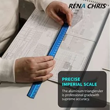 Rena Chris Architectural Scale Ruler, 12" Aluminum Architect Scale, Triangular Scale, Scale Ruler for Blueprint, Triangle Ruler, Drafting Ruler, Architect Ruler, Metal Scale Ruler, Architecture Ruler