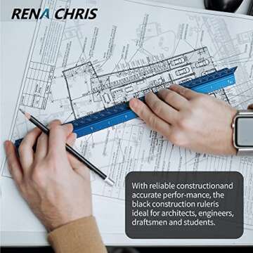 Rena Chris Architectural Scale Ruler, 12" Aluminum Architect Scale, Triangular Scale, Scale Ruler for Blueprint, Triangle Ruler, Drafting Ruler, Architect Ruler, Metal Scale Ruler, Architecture Ruler