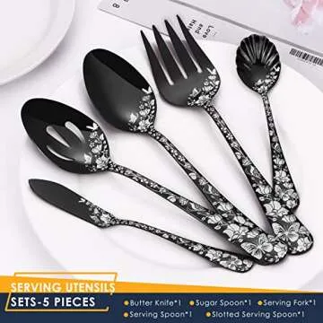 Stapava 77-Piece Black Silverware Set for 12, Plus Steak Knife & Serving Set, Stainless Steel Flatware Cutlery Set, Mirror Eating Utensils Tableware with Butterfly Flower Laser, Dishwasher Safe